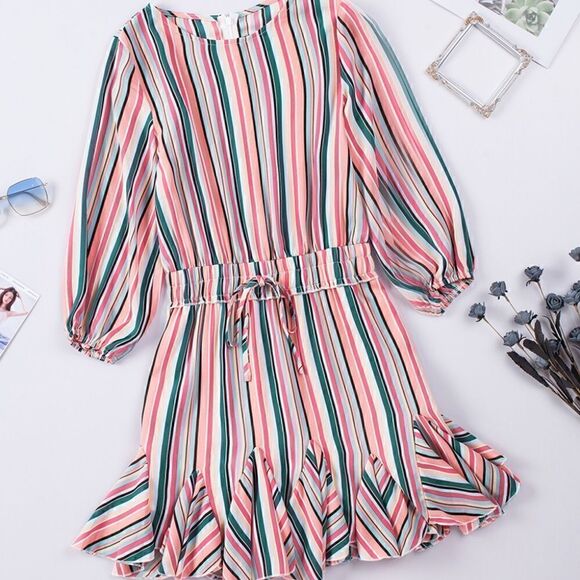 Striped High Waisted Mini Dress, M - Picture 7 of 8